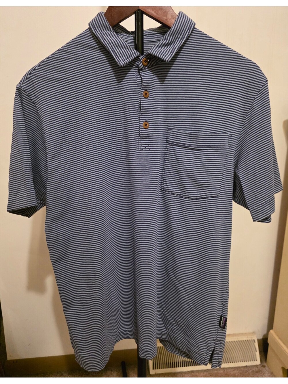 Patagonia blue striped short sleeve polo shirt